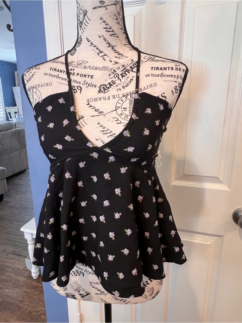 Sweet society black Floral Spaghetti-Strap Peplum Top Whimsigoth Gothcore